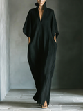 Relaxed V-Neck Maxi Dress with Wide Sleeves and Pockets