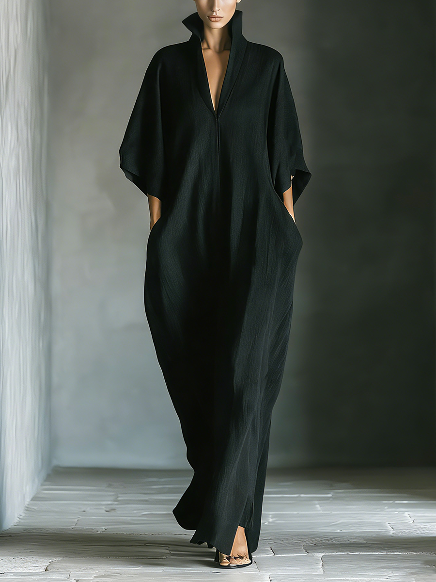 Relaxed V-Neck Maxi Dress with Wide Sleeves and Pockets