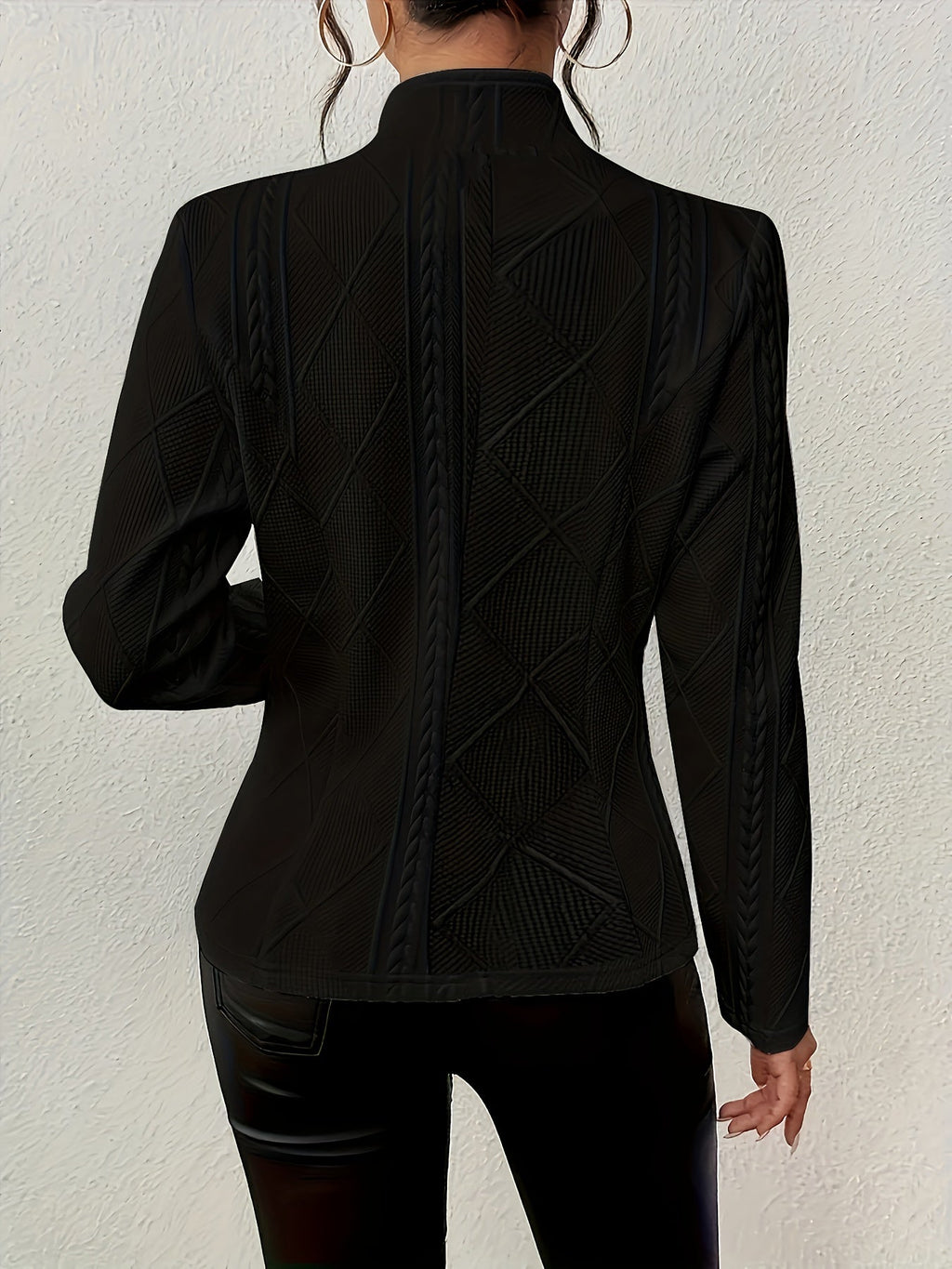 Elegant Cable Knit Cropped Jacket for Women with Stand Collar Long Sleeve Button Front Fitted Style