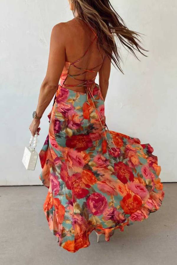 Floral Satin Maxi Dress with Open Back