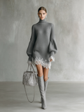 Women's Grey Knitted White Lace Turtleneck Comfortable Mini Dress