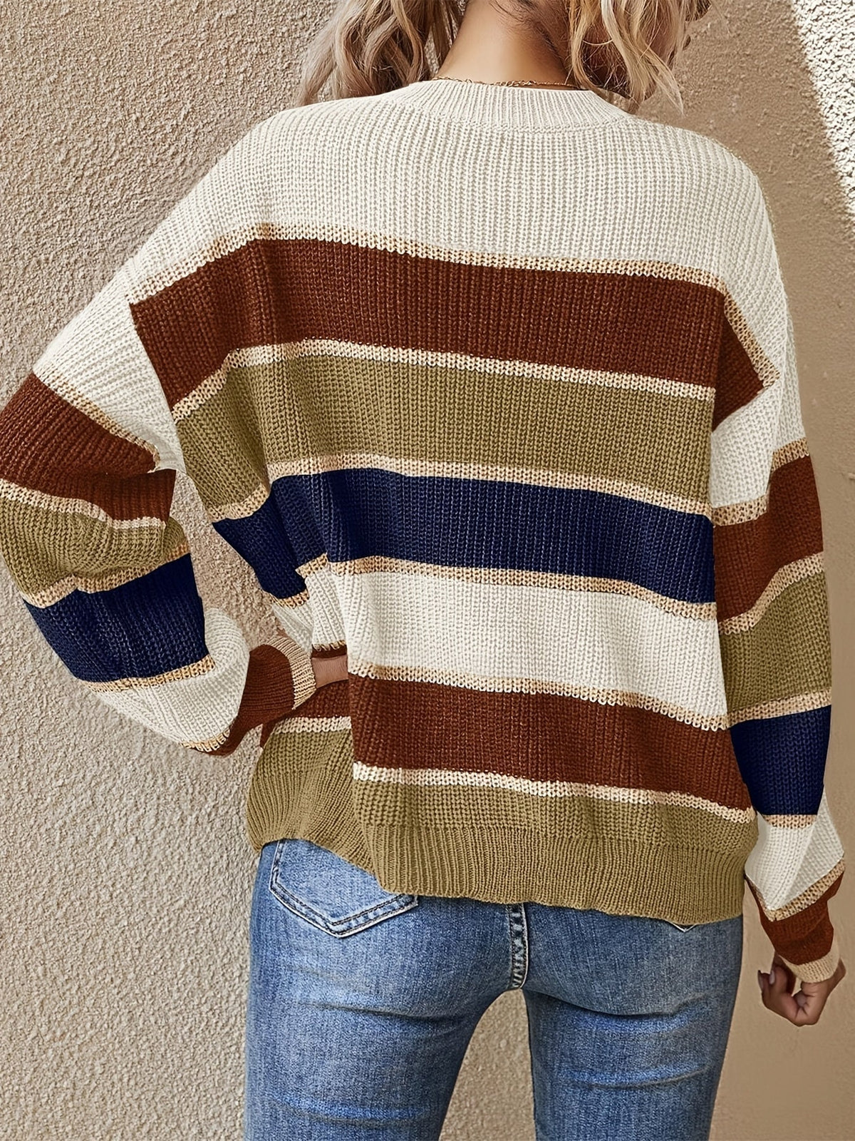 Comfortable Striped Color Block Sweater for Women with Crew Neck Long Sleeve Relaxed Oversized Knit Style