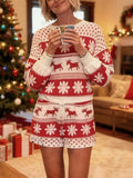 Cozy Red White Snowflake Christmas Holiday Pajamas for Women with Round Neck Long Sleeve Reindeer Two Piece Style