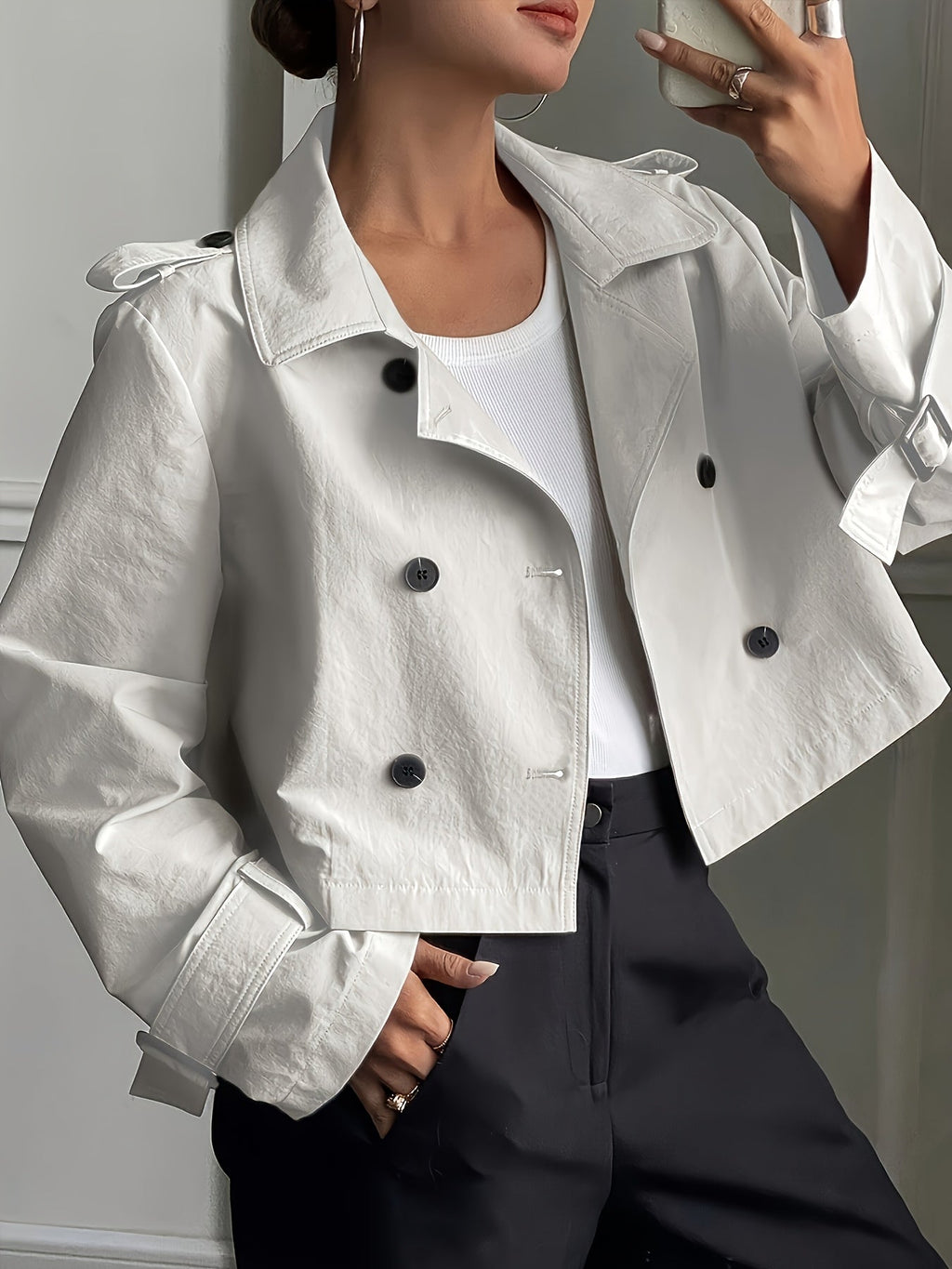 Elegant Khaki Pea Coat for Women with Notch Lapel Long Sleeve Double Breasted Cropped Style