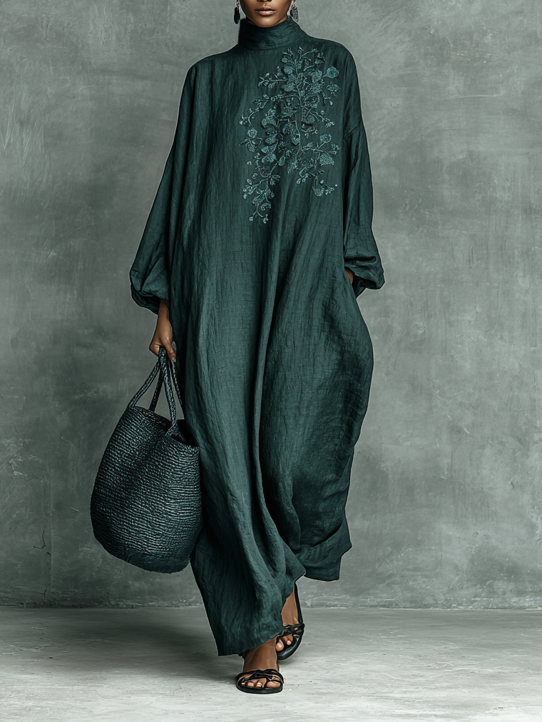 Loose Fit Linen Blend Long Dress with Shoulder Embroidery
