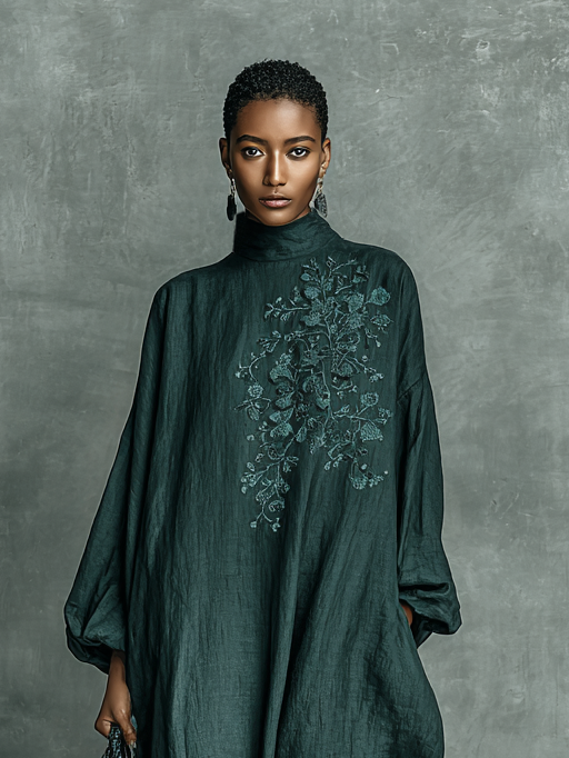 Loose Fit Linen Blend Long Dress with Shoulder Embroidery