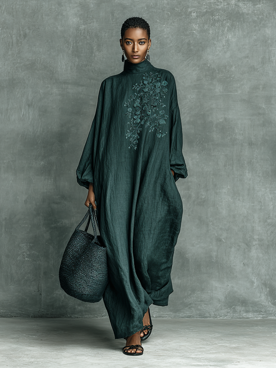 Loose Fit Linen Blend Long Dress with Shoulder Embroidery