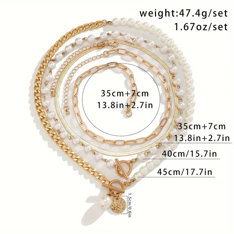 Vintage Pearl & Gold Snake Chain Necklace Set | Gold