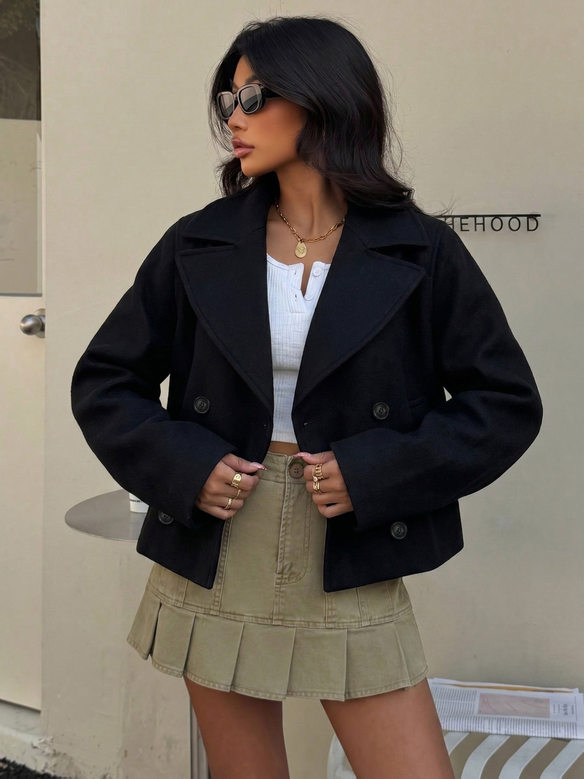 Elegant Black Pea Coat for Women with Notch Lapel Long Sleeve Double Breasted Cropped Style