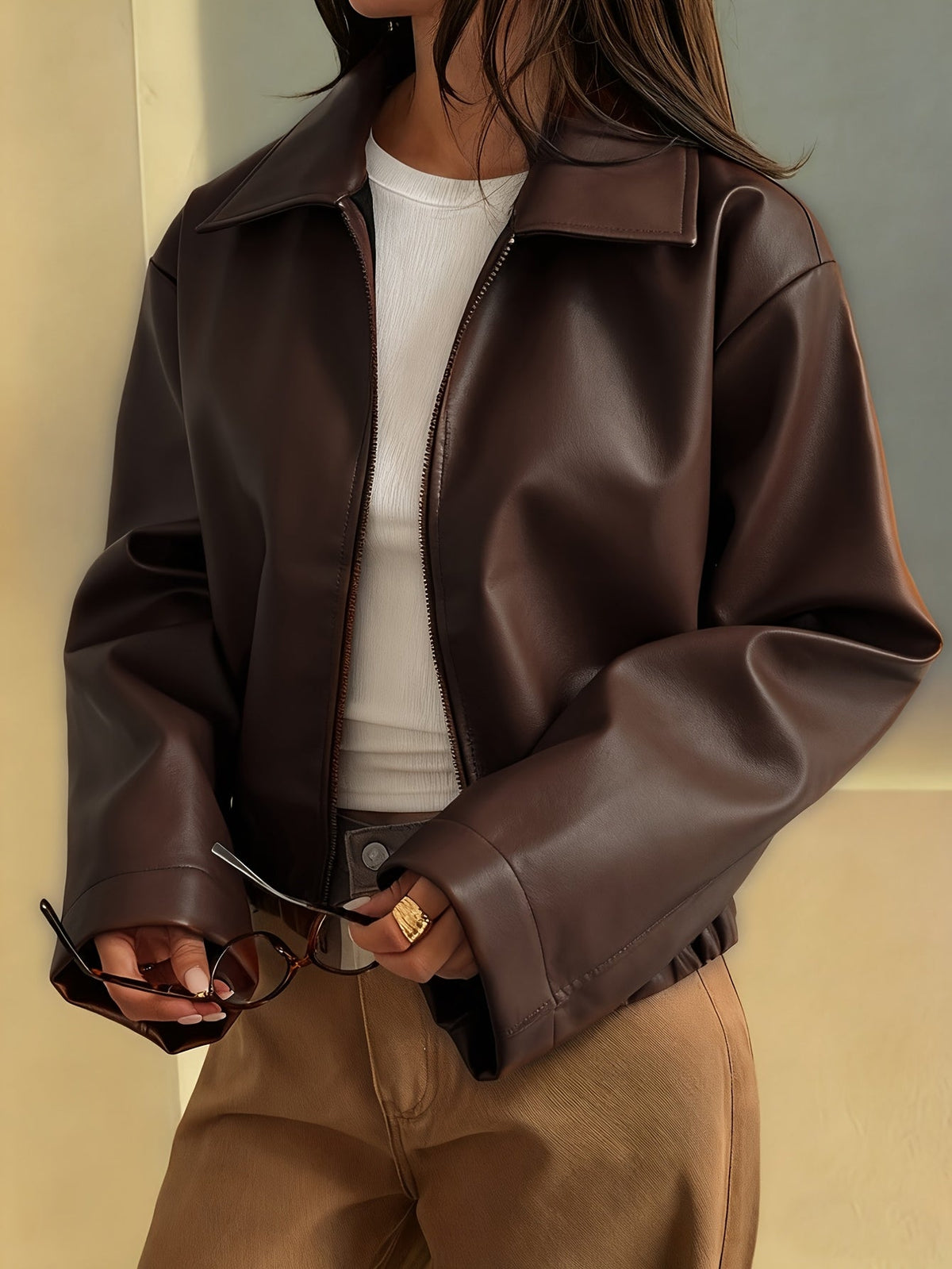 Cropped Brown Faux Leather Jacket with Point Collar and Full Zip