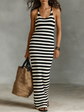 Women's Minimalist Vacation Style Black And White Striped Halter Neck Knit Maxi Dress