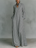 Women's Minimalist Cotton Plaid V-neck Long-sleeved Maxi Dress