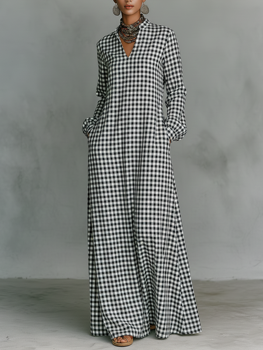 Women's Minimalist Cotton Plaid V-neck Long-sleeved Maxi Dress