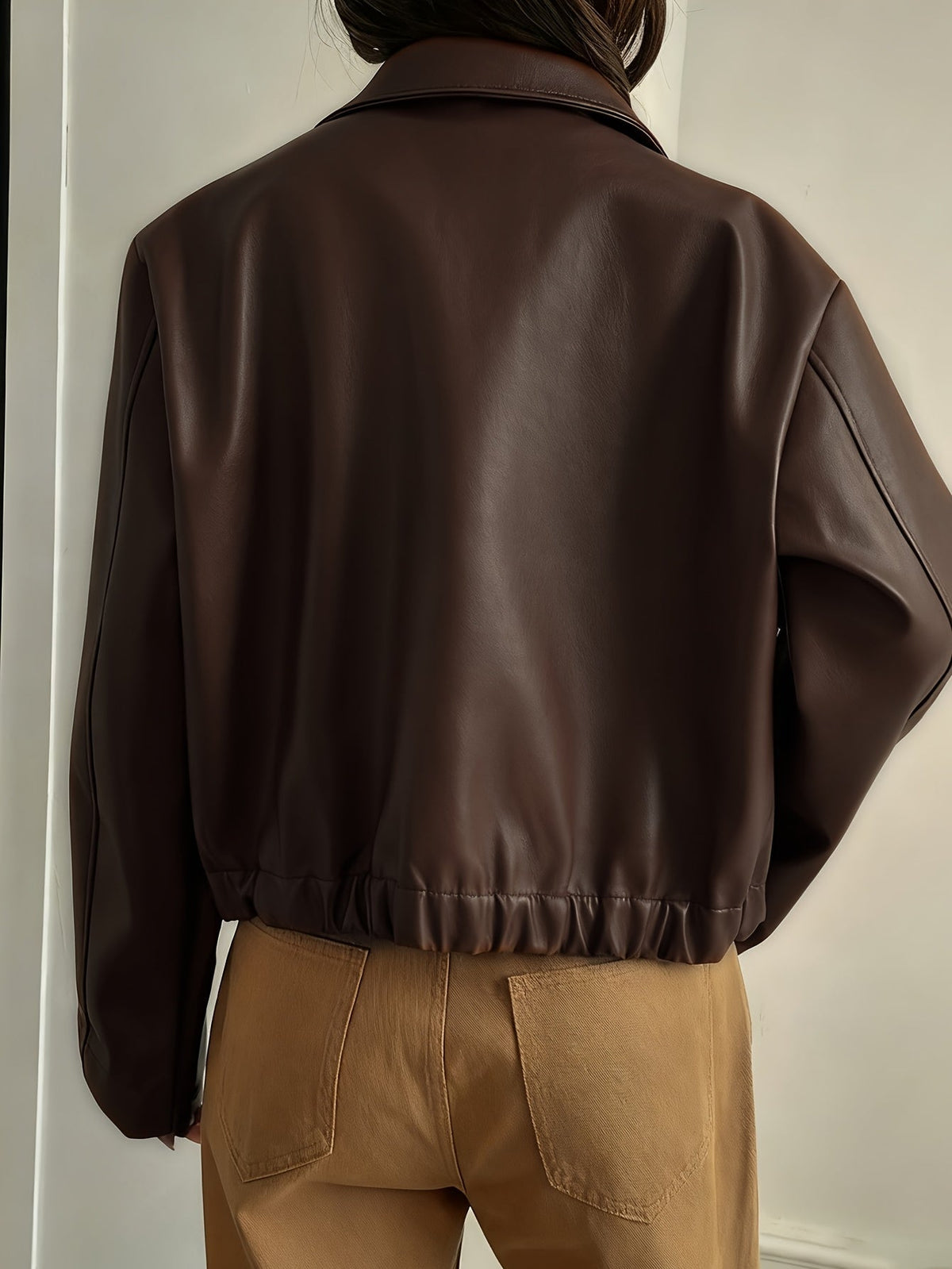 Women's Short Zip-Up Jacket in Brown Vegan Leather