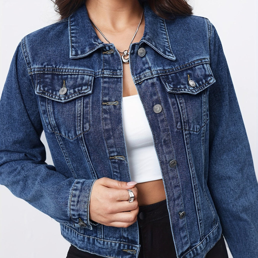 Effortless Medium Blue Jean Jacket for Women with Collar Long Sleeve Button Front Cropped Casual Style
