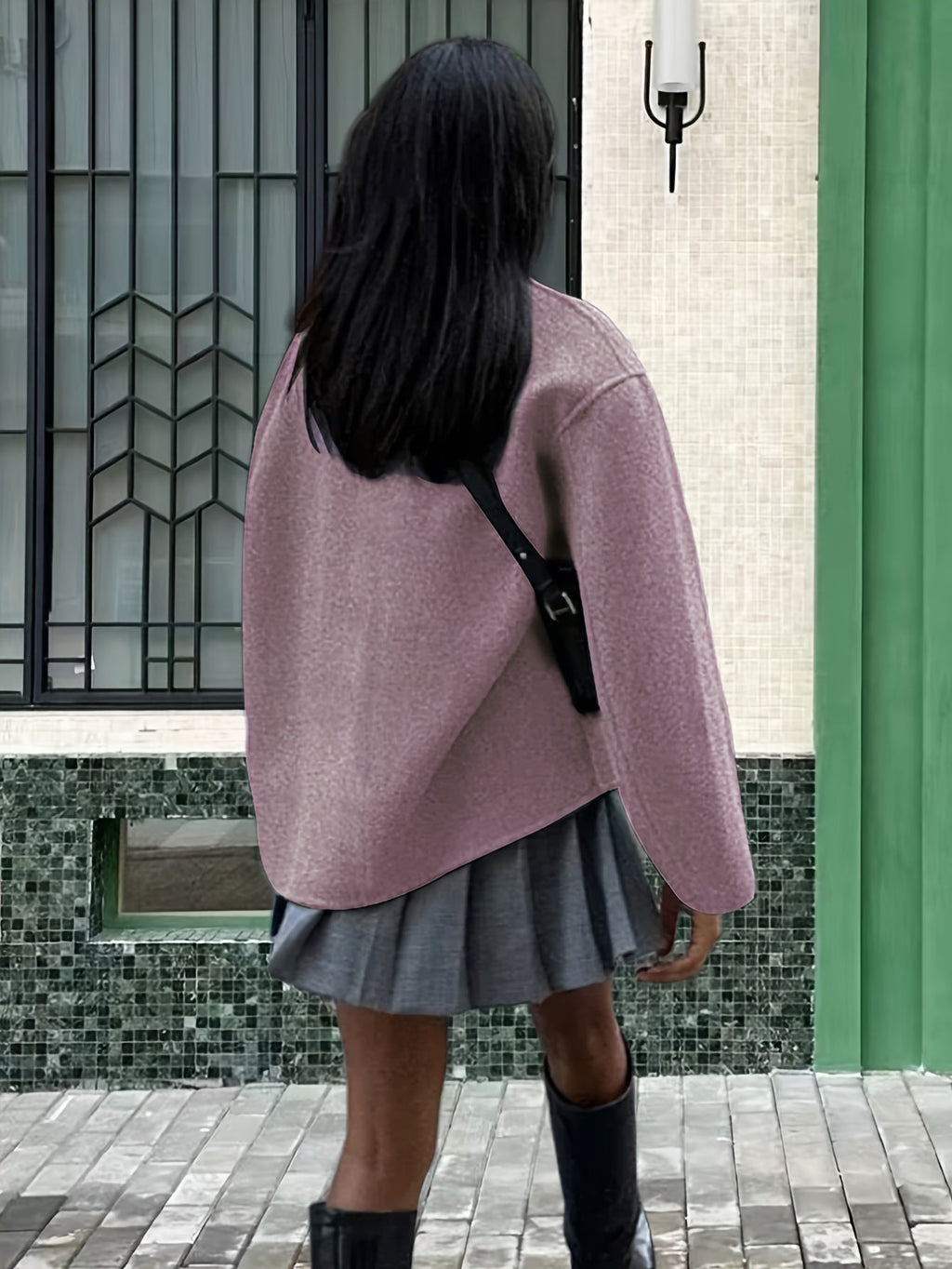 Effortless Wool Pea Coat for Women with Stand Collar Long Sleeve Double Breasted Oversized Casual Style