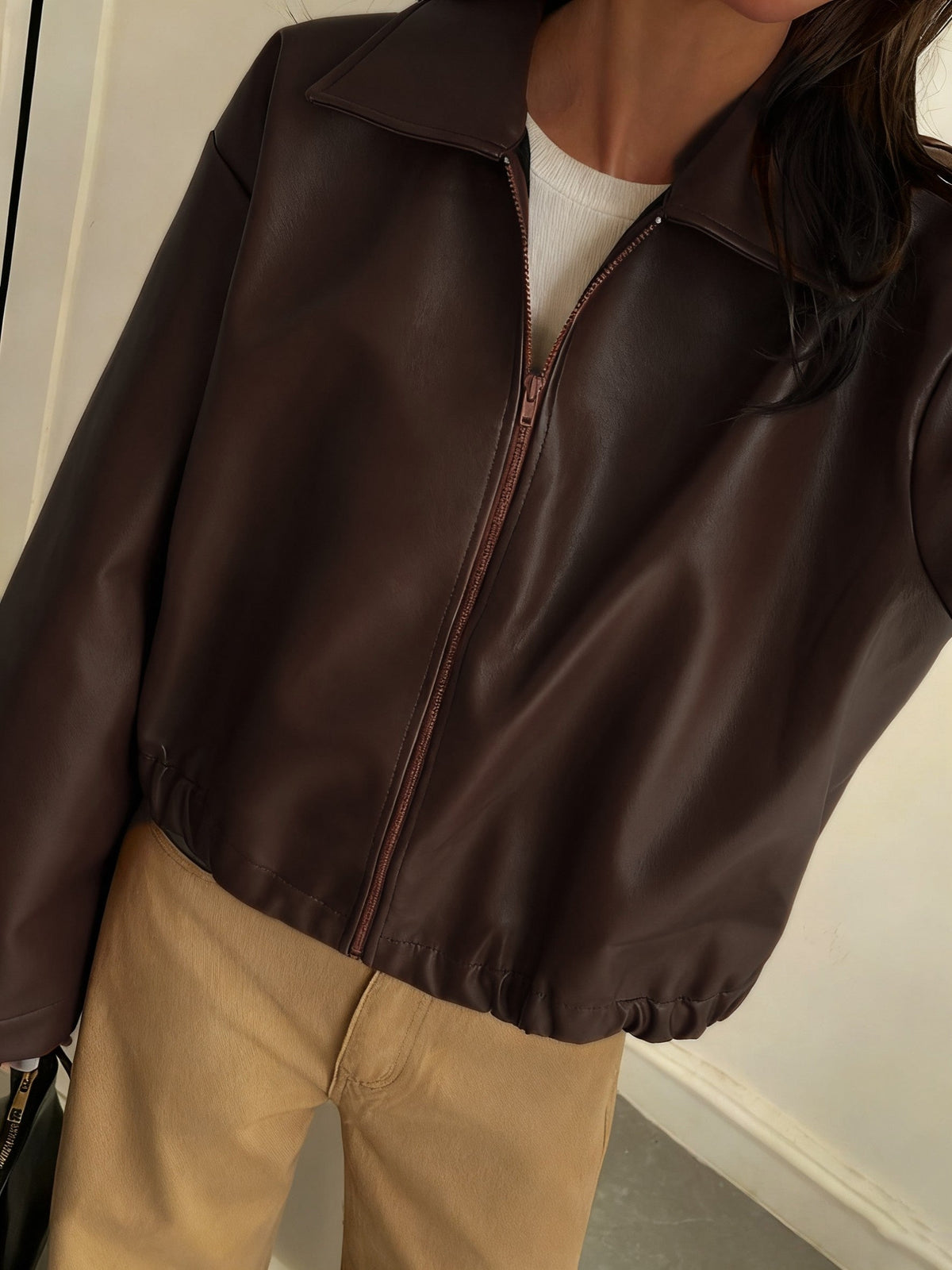 Cropped Brown Faux Leather Jacket with Point Collar and Full Zip