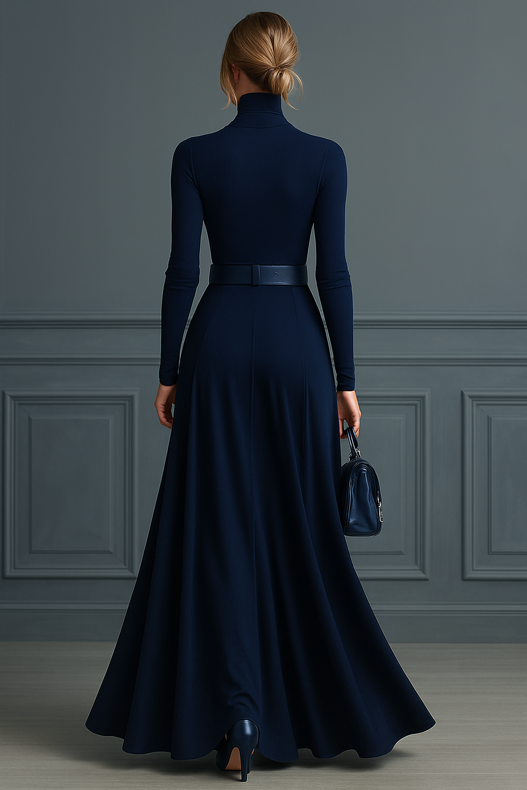 Women's Dark Blue Knitted High-neck Dress