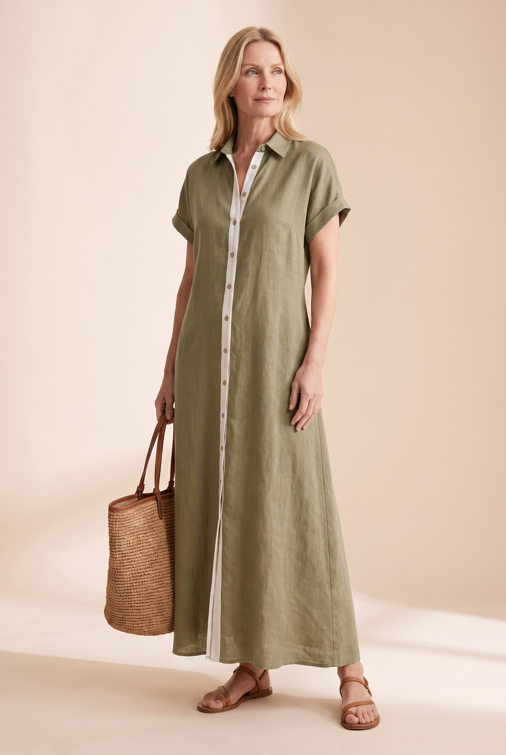 Linen Blend Short-Sleeved Shirt Maxi Dress with Button Front