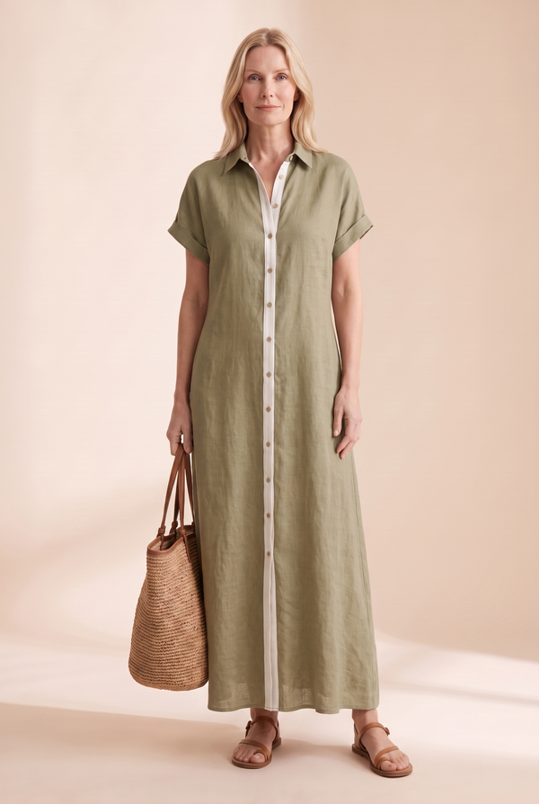 Linen Blend Short-Sleeved Shirt Maxi Dress with Button Front