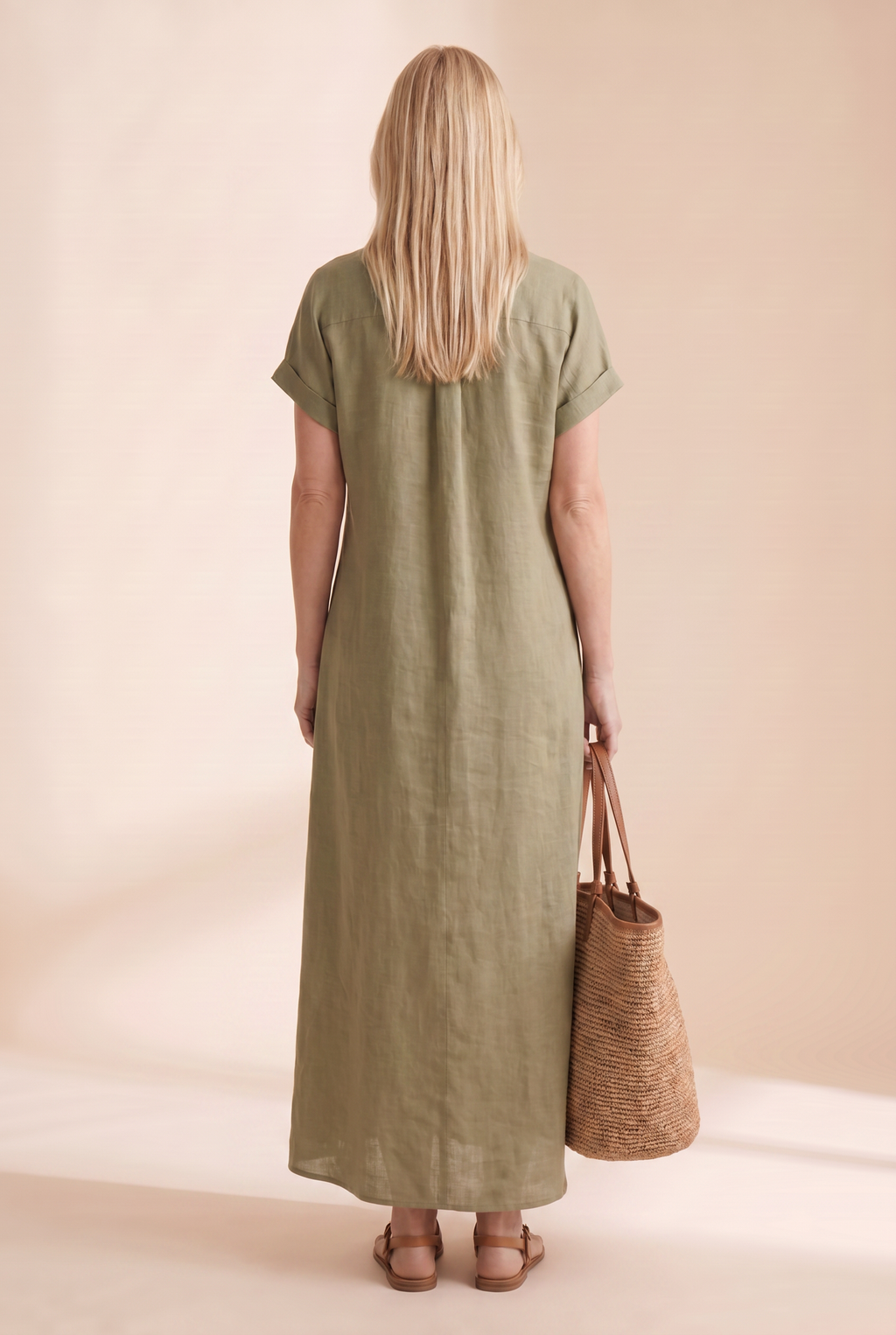 Linen Blend Short-Sleeved Shirt Maxi Dress with Button Front