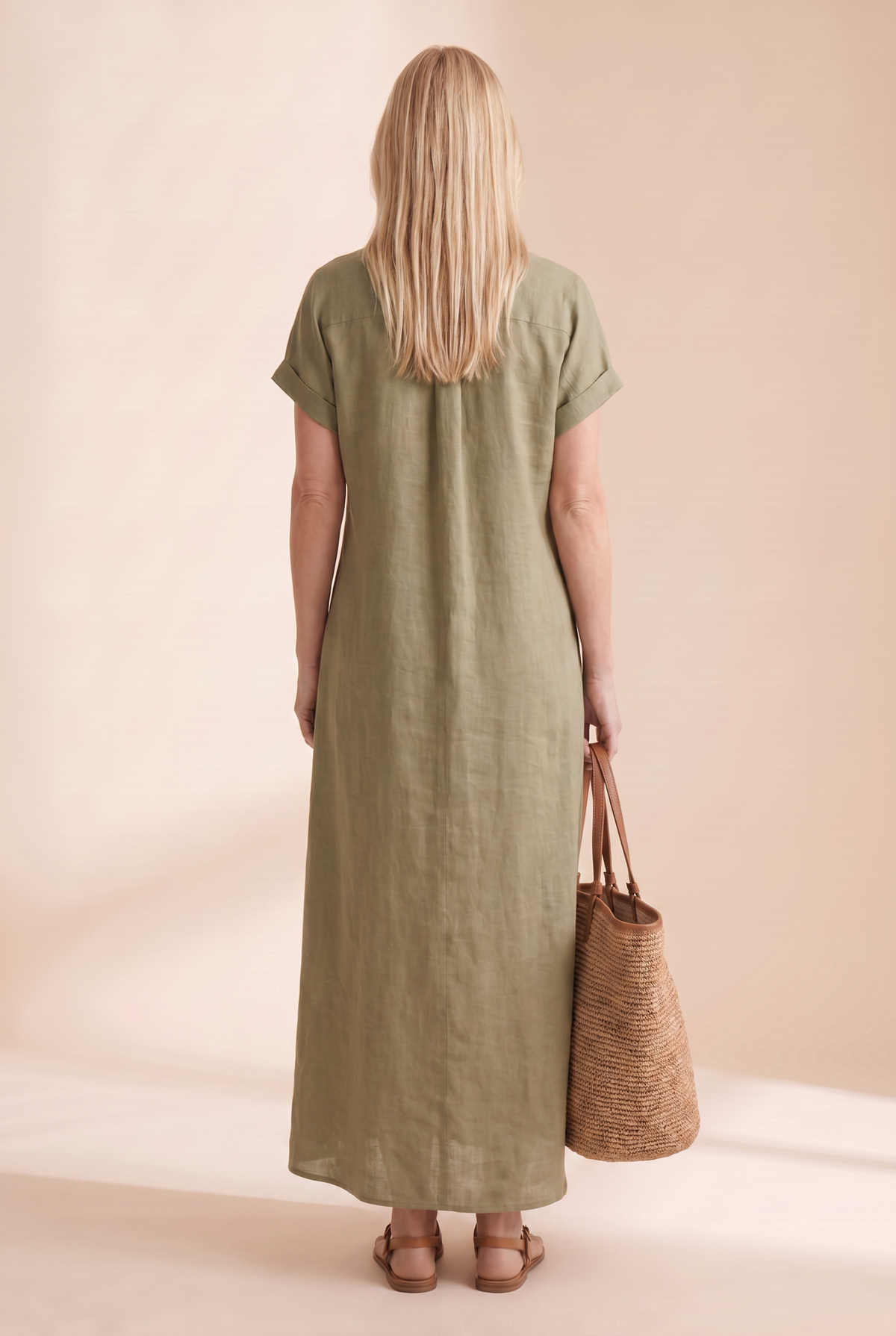 Linen Blend Short-Sleeved Shirt Maxi Dress with Button Front
