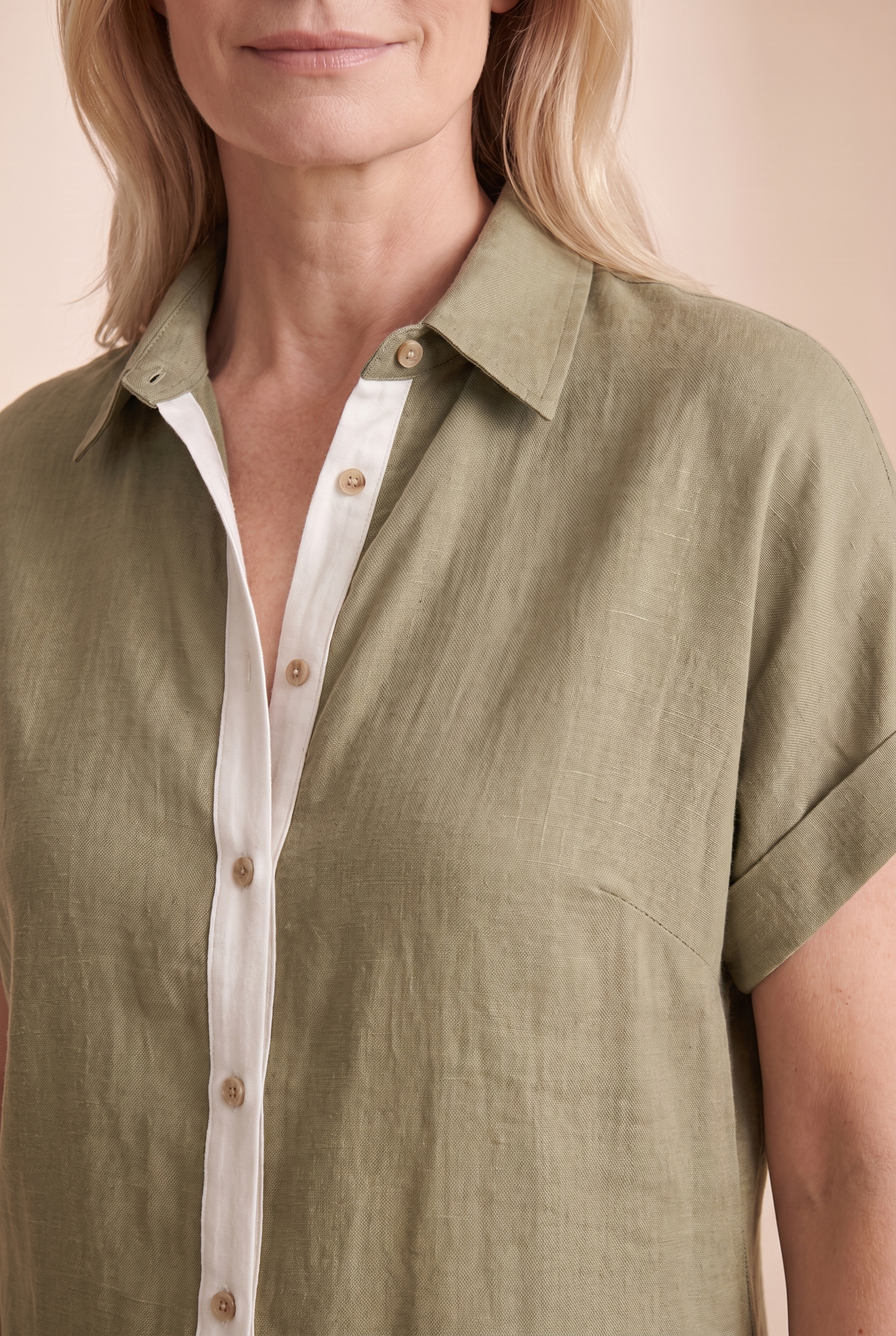 Linen Blend Short-Sleeved Shirt Maxi Dress with Button Front