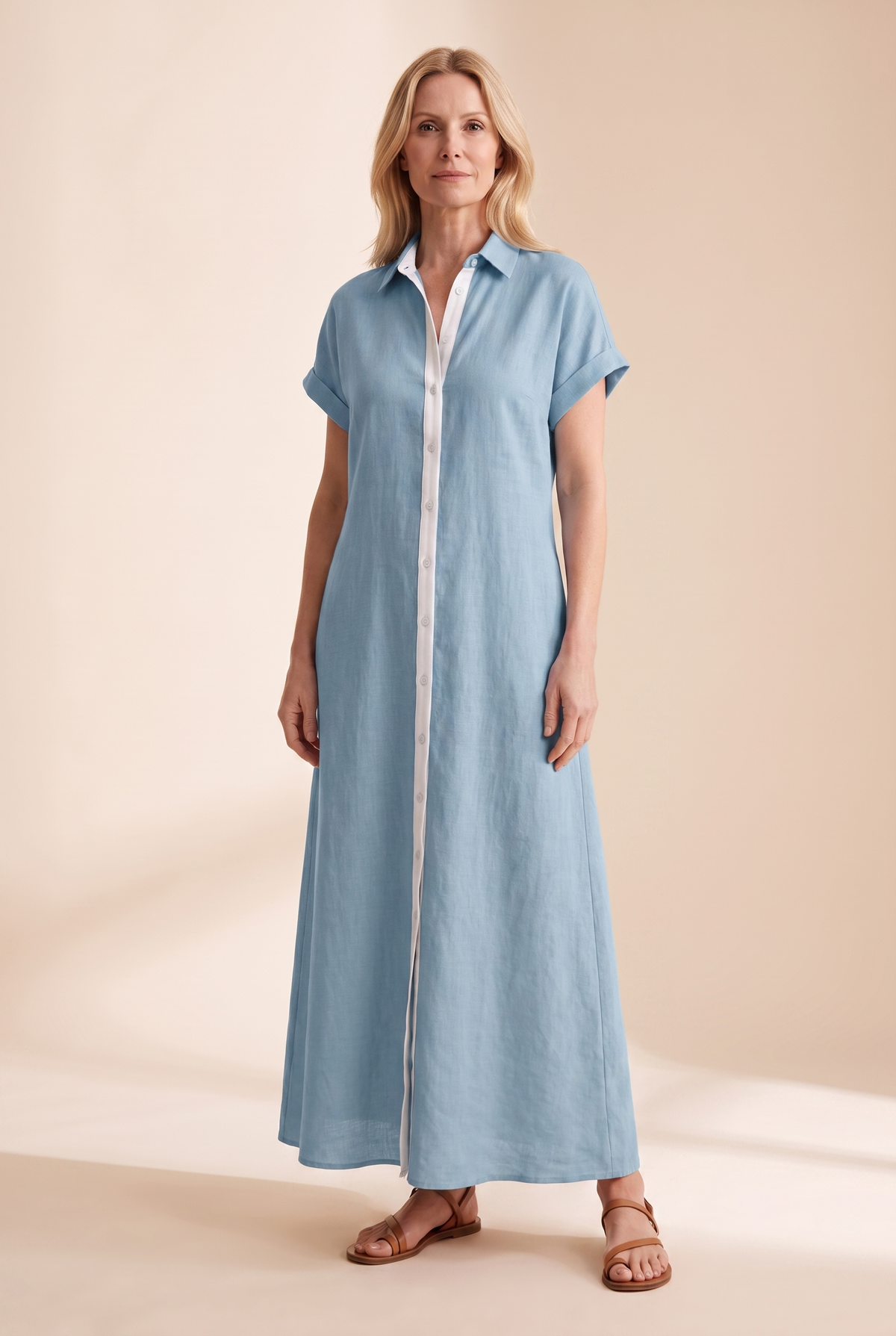 Linen Blend Short-Sleeved Shirt Maxi Dress with Button Front