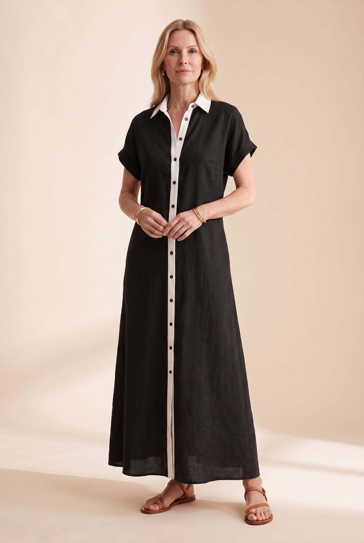 Linen Blend Short-Sleeved Shirt Maxi Dress with Button Front