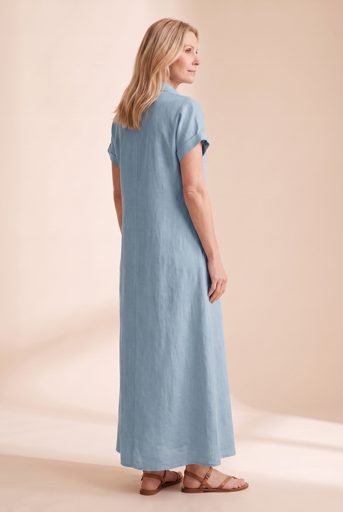 Linen Blend Short-Sleeved Shirt Maxi Dress with Button Front