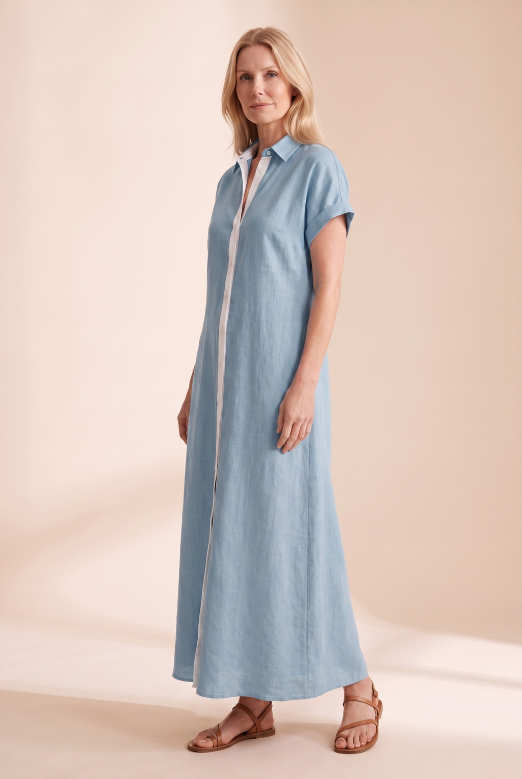 Linen Blend Short-Sleeved Shirt Maxi Dress with Button Front