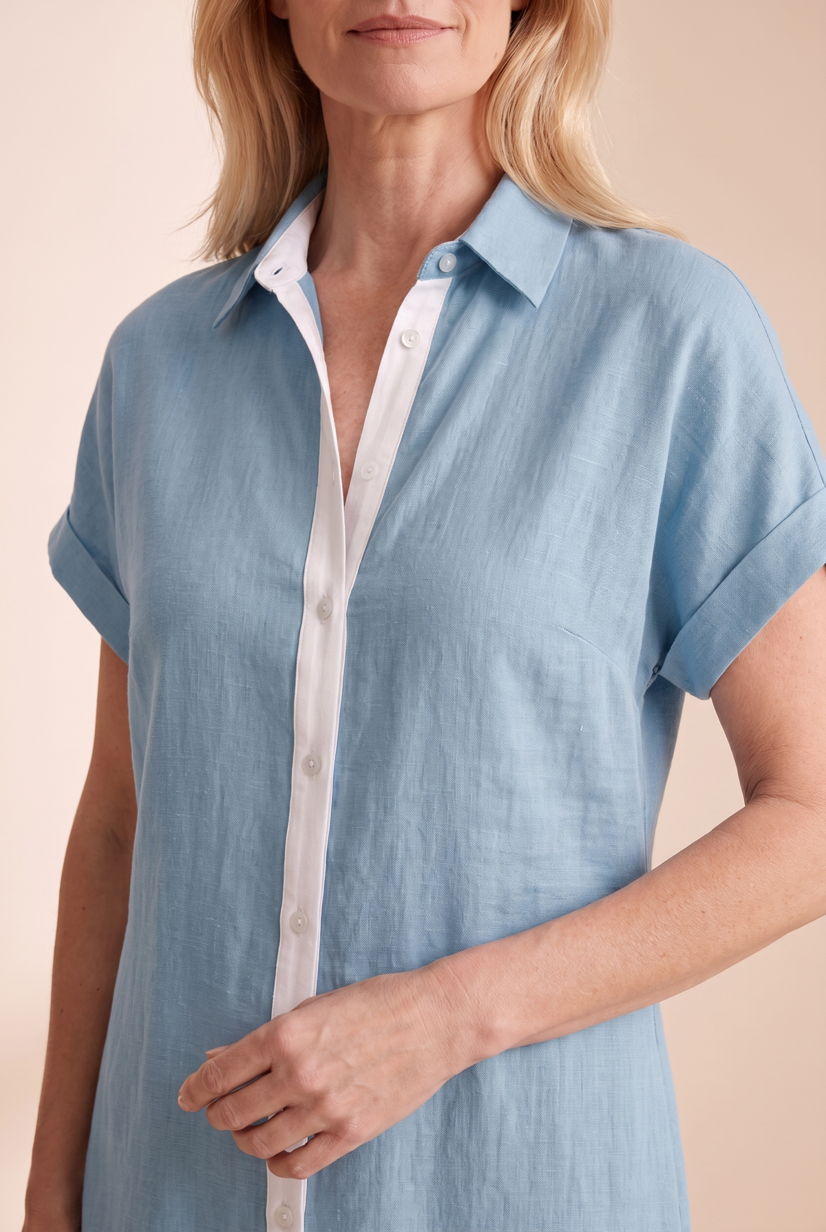 Linen Blend Short-Sleeved Shirt Maxi Dress with Button Front