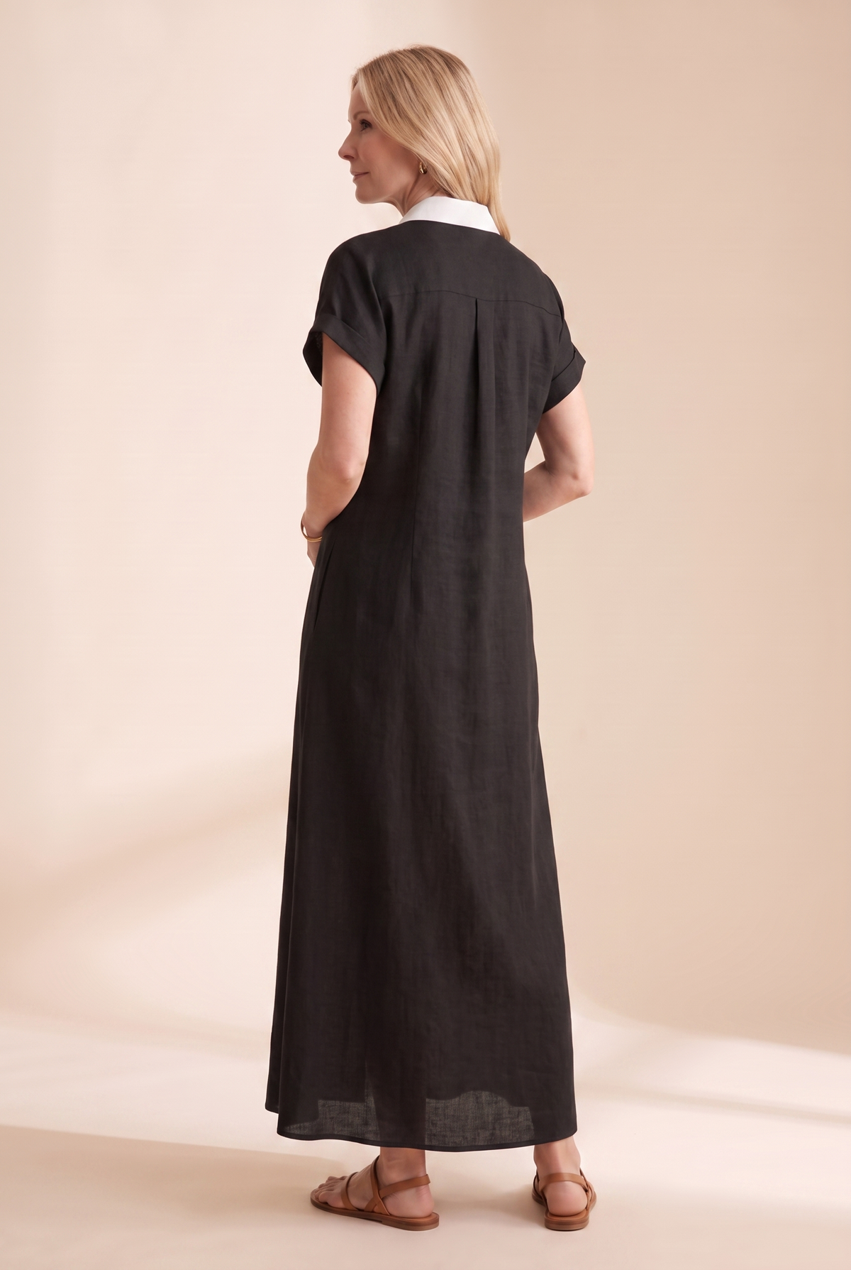 Linen Blend Short-Sleeved Shirt Maxi Dress with Button Front