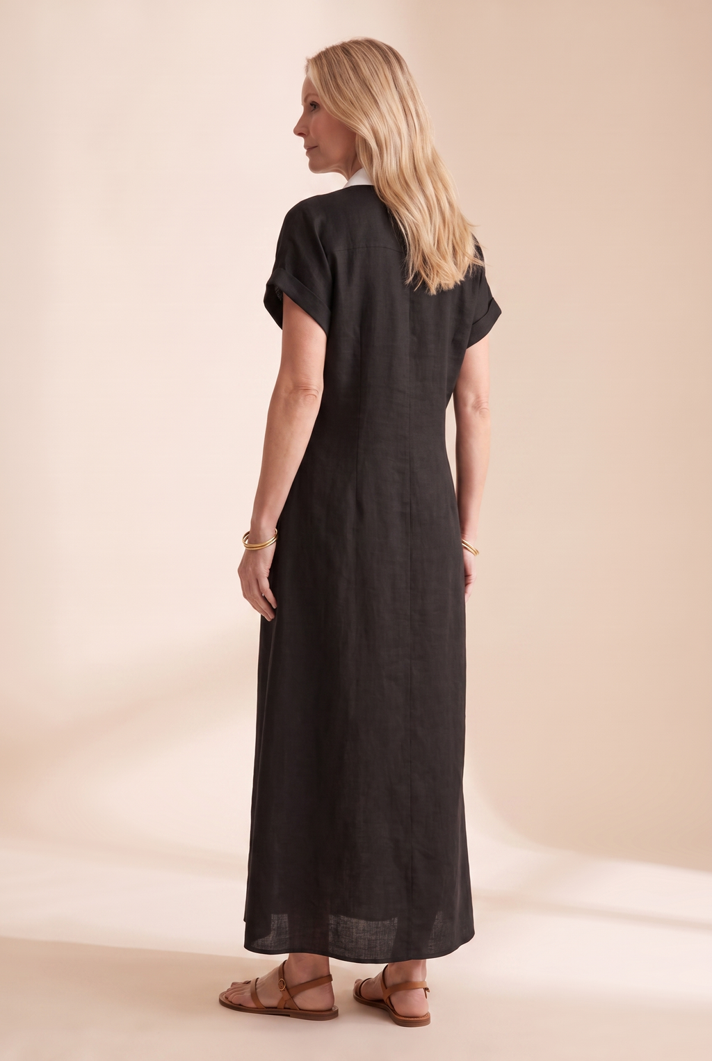 Linen Blend Short-Sleeved Shirt Maxi Dress with Button Front