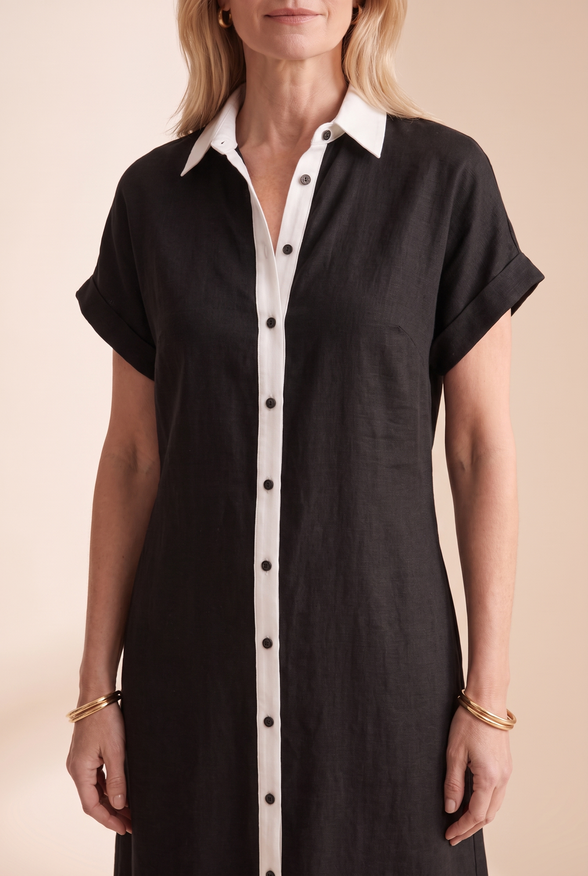 Linen Blend Short-Sleeved Shirt Maxi Dress with Button Front