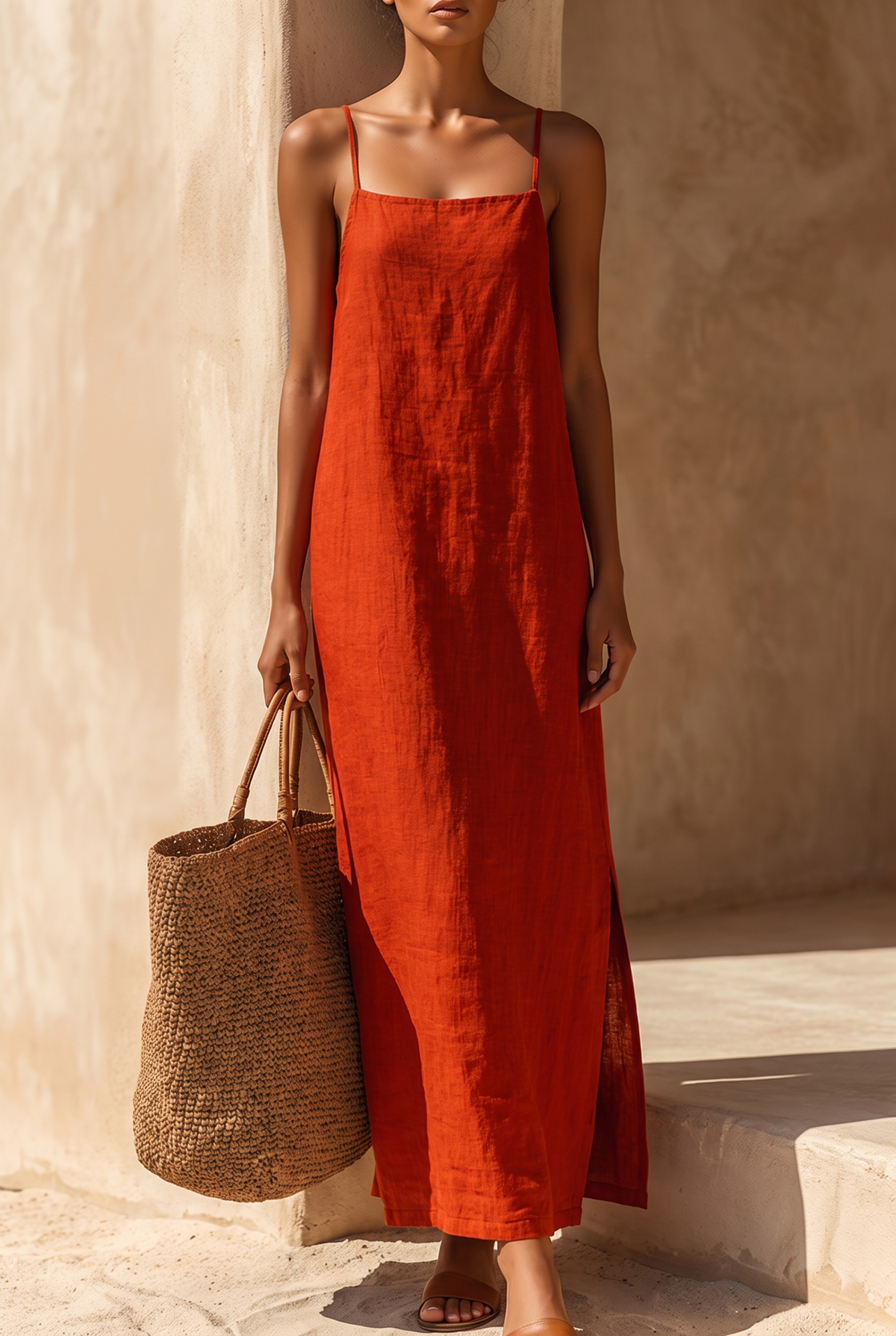 Women's Red Linen Dress With Spaghetti Straps & Square Neck, Timeless Boho-Resort Style Dress