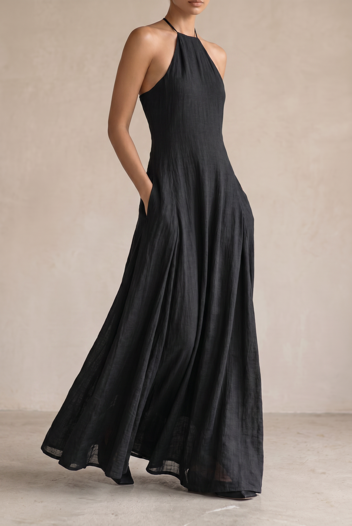 Black Linen Blend Halter Neck Sleeveless Maxi Dress