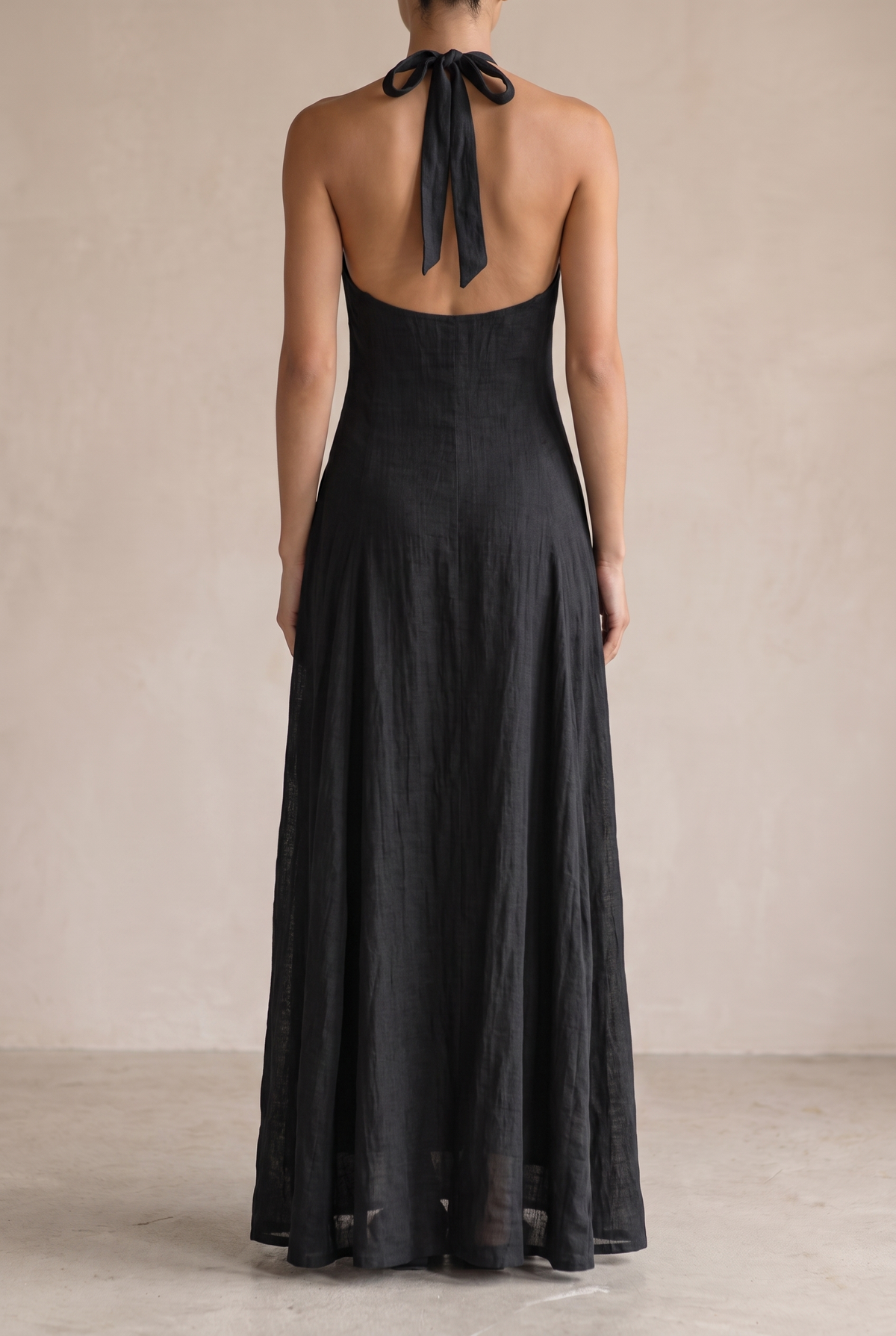 Black Linen Blend Halter Neck Sleeveless Maxi Dress