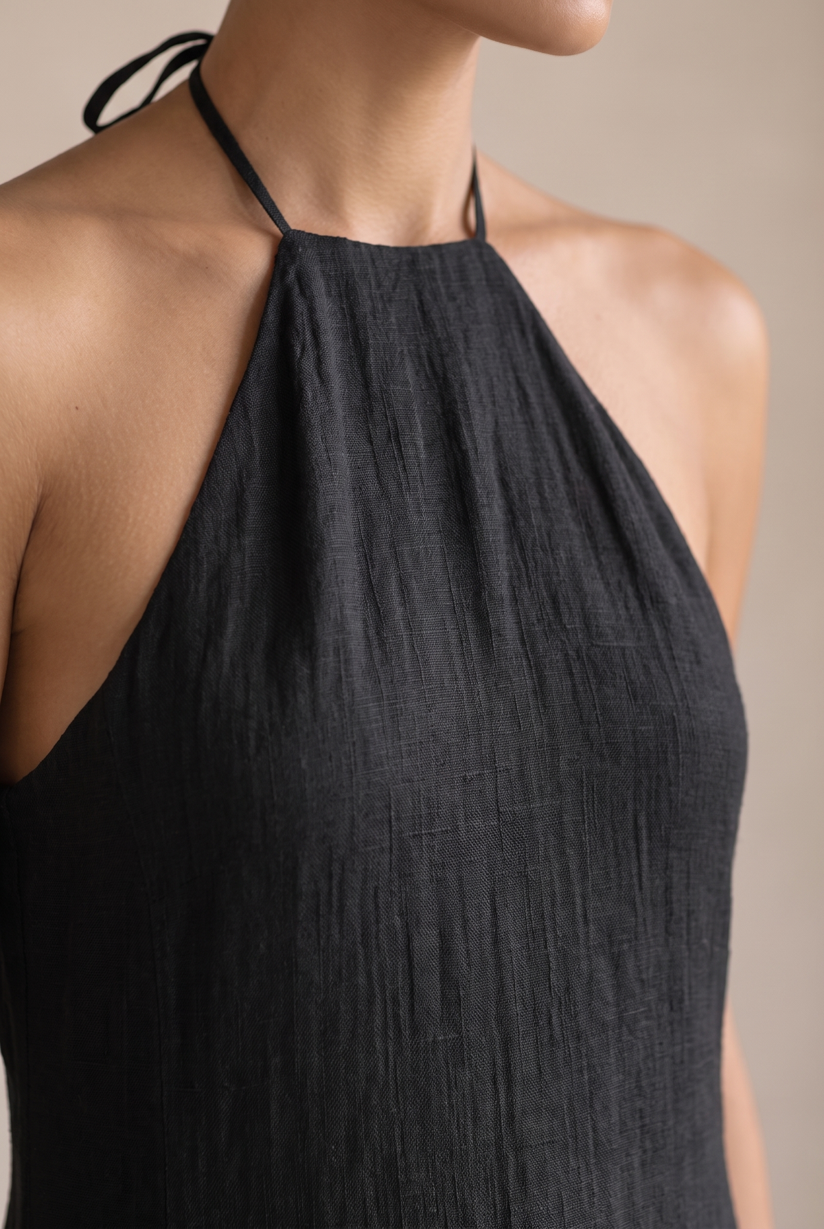 Black Linen Blend Halter Neck Sleeveless Maxi Dress