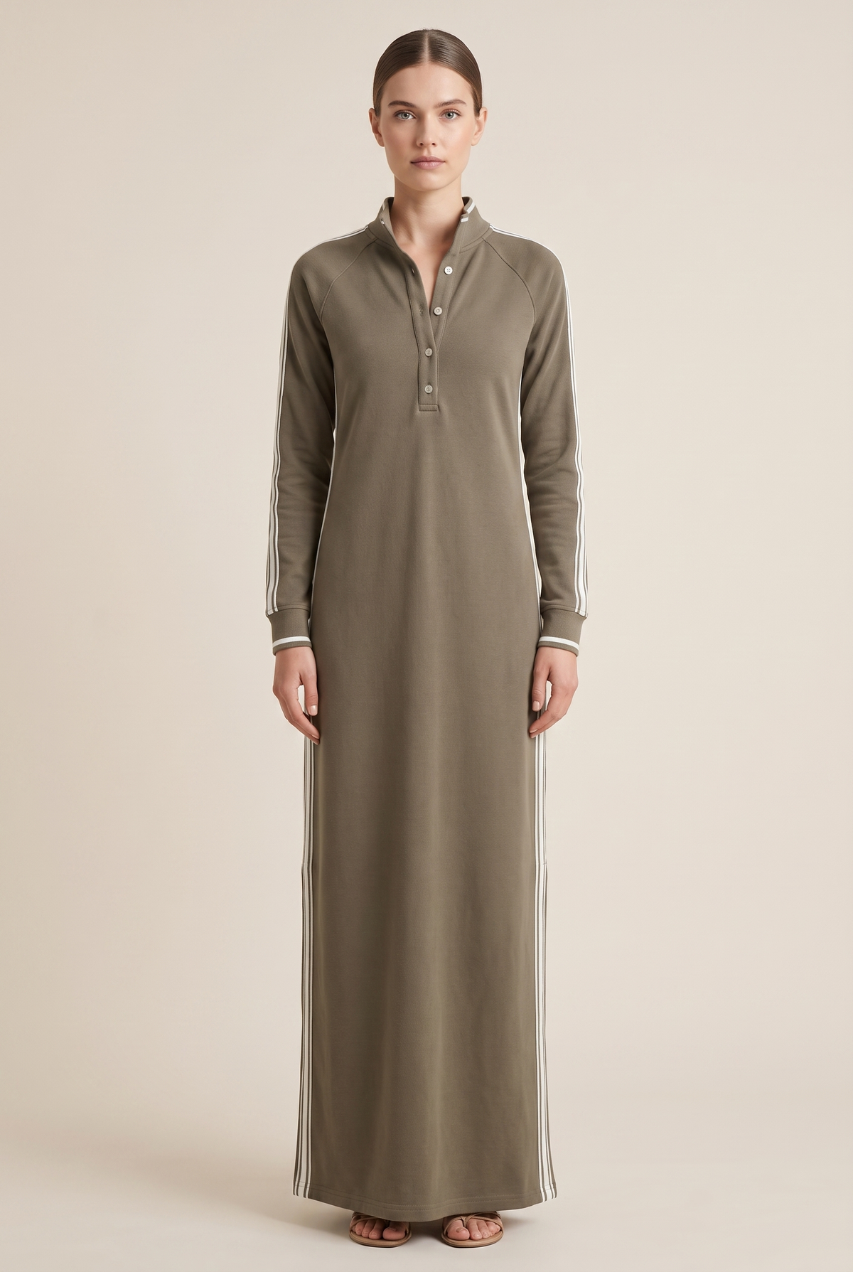 White-Trimmed Button-Down Collar Sweatshirt Maxi Dress