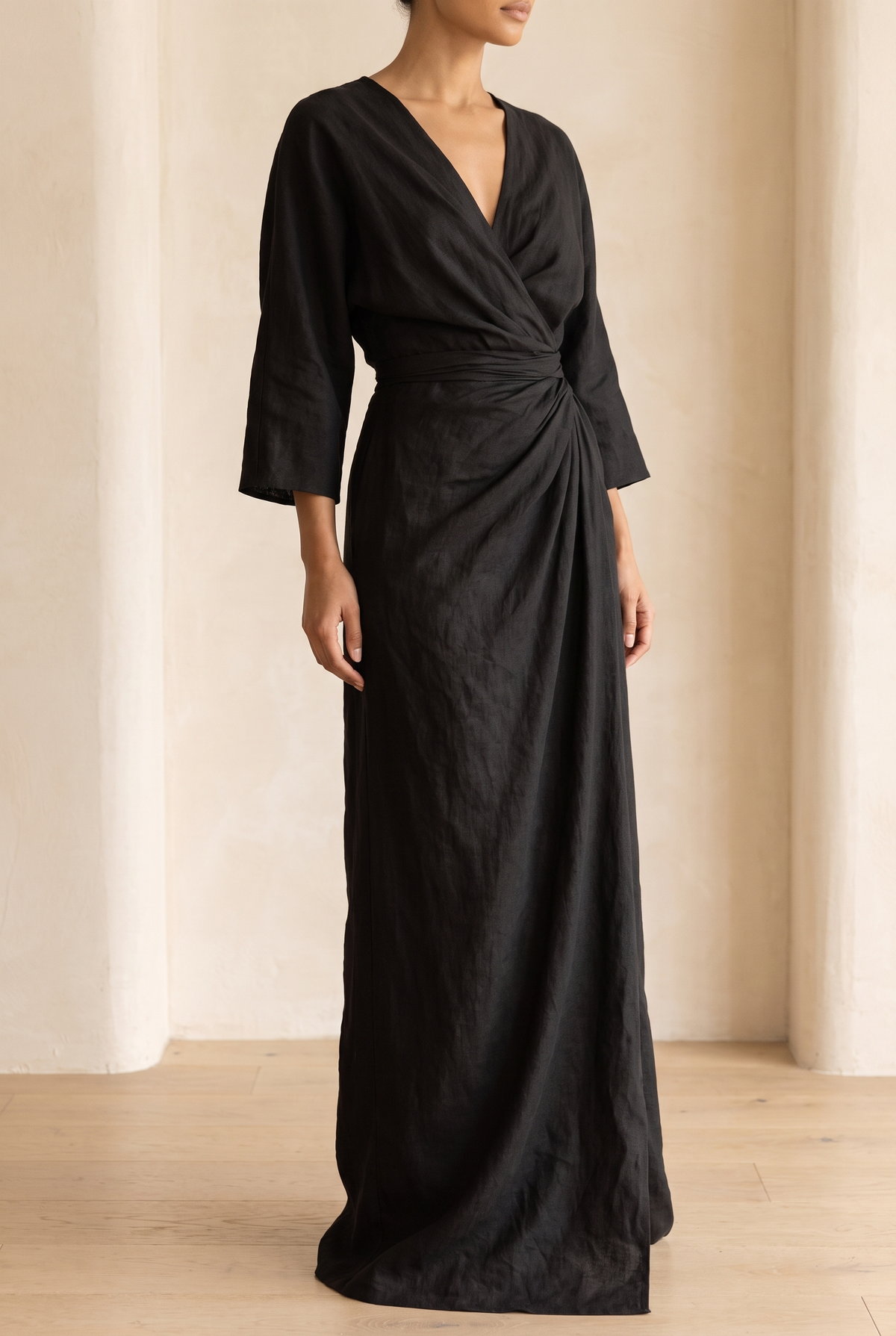 Linen Blend V-Neck Maxi Dress in Pink, Brown and Black