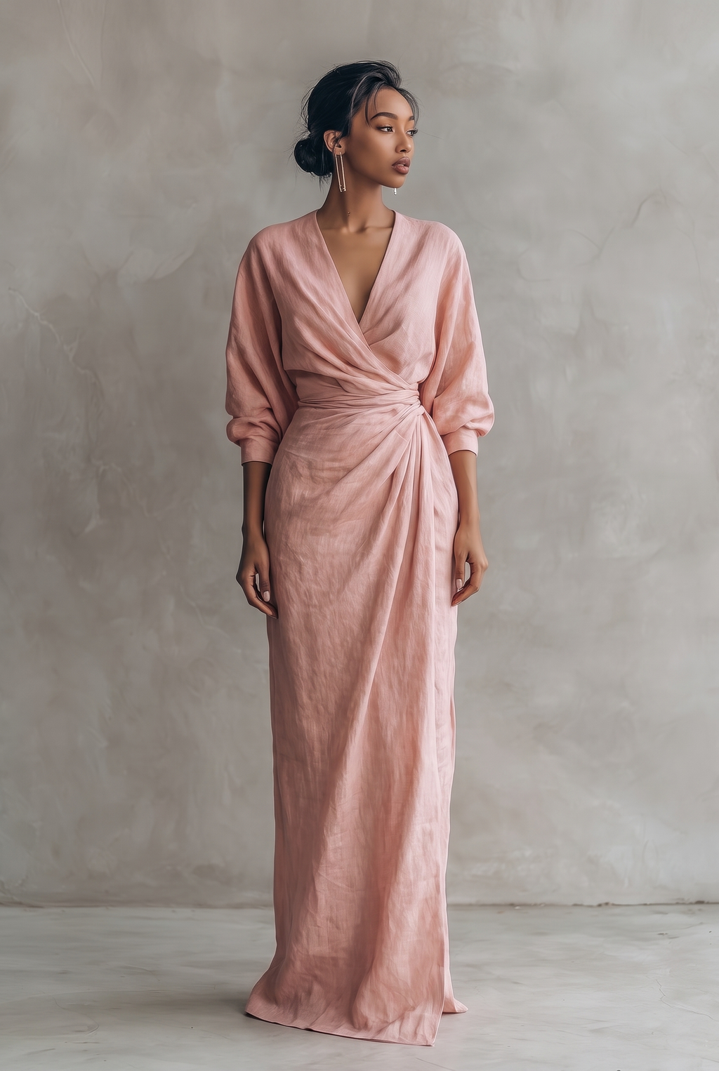 Linen Blend V-Neck Maxi Dress in Pink, Brown and Black
