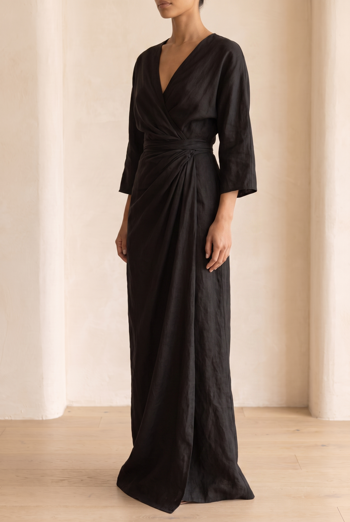 V-Neck Linen Blend Maxi Dress with Mid Sleeves
