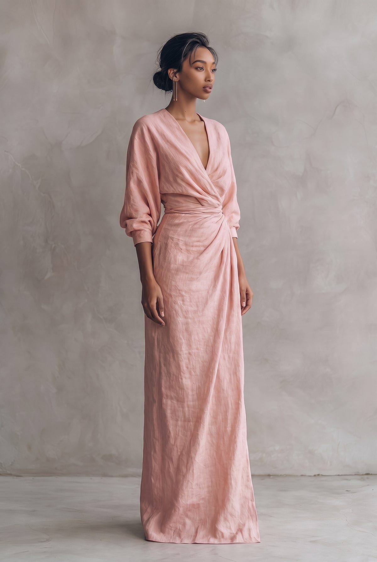 V-Neck Linen Blend Maxi Dress with Mid Sleeves