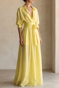 Lemon Yellow Cotton Linen Maxi Shirt Dress with Tie Waist
