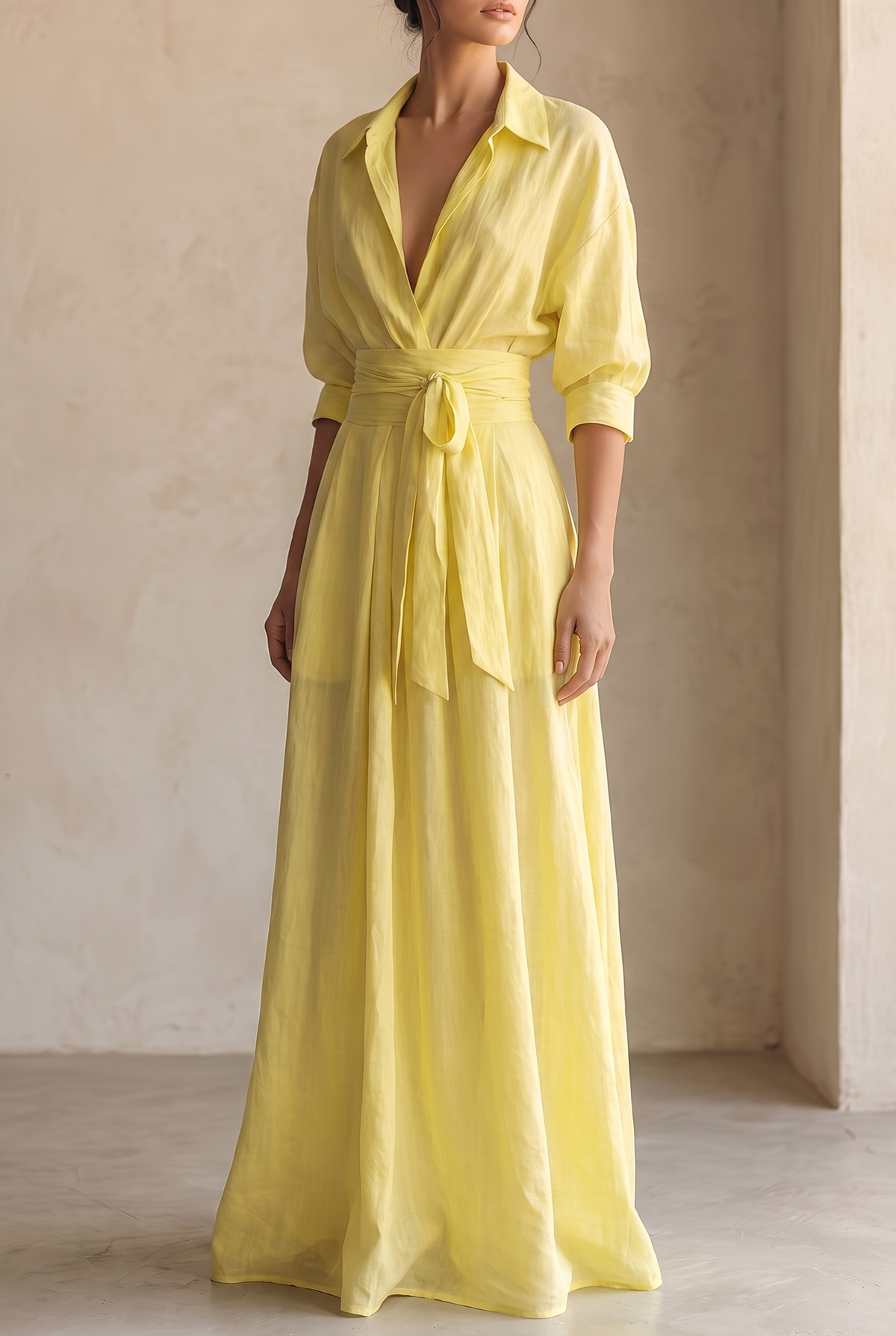 Lemon Yellow Cotton Linen Maxi Shirt Dress with Tie Waist