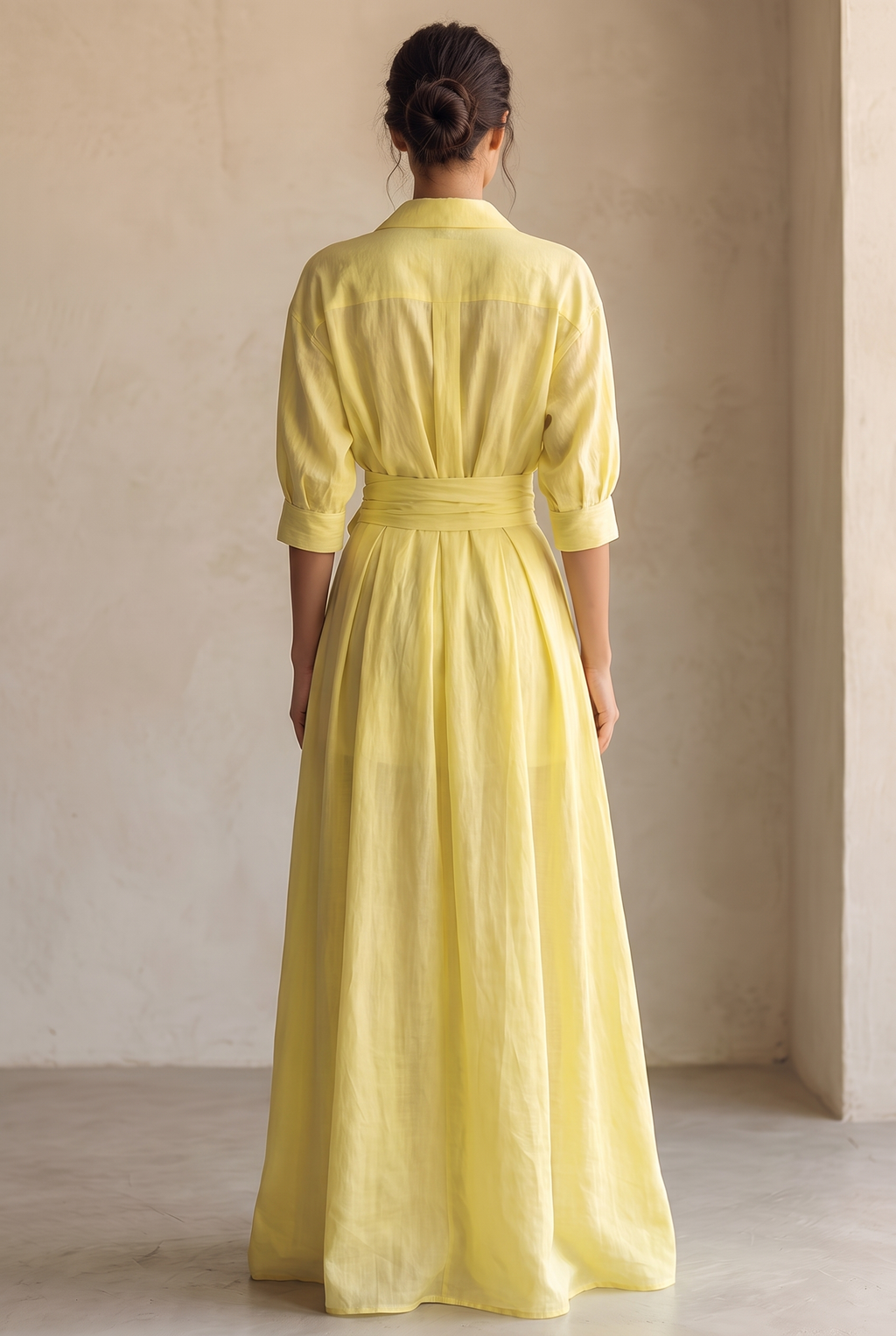Lemon Yellow Cotton Linen Maxi Shirt Dress with Tie Waist