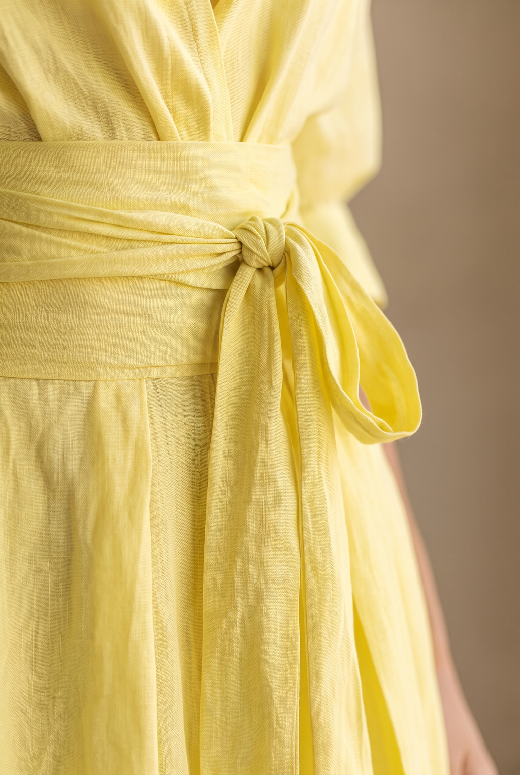 Lemon Yellow Cotton Linen Maxi Shirt Dress with Tie Waist