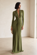 Olive Silky Stretch Maxi Dress with Deep V-Neck and Ruched Waist