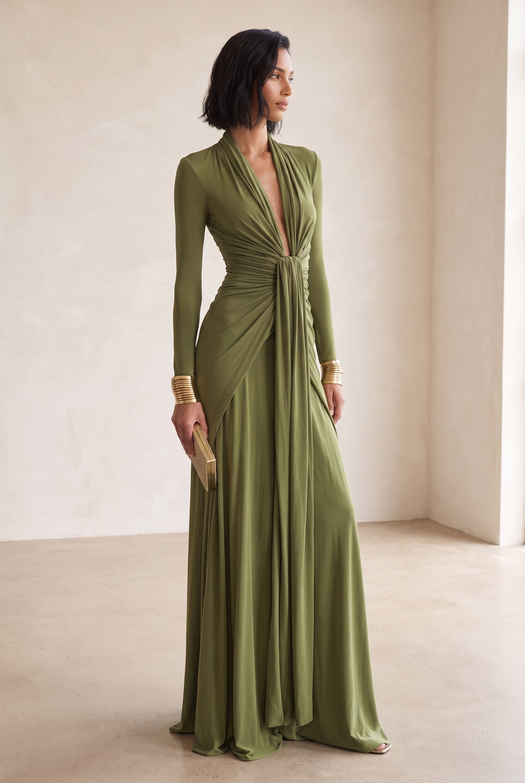 Olive Silky Stretch Maxi Dress with Deep V-Neck and Ruched Waist
